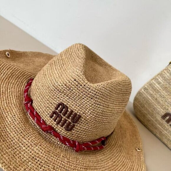 Women Red Accent Miu Miu Hat | Woven Raffia Summer Essential Straw Hat - Picture 2 of 8